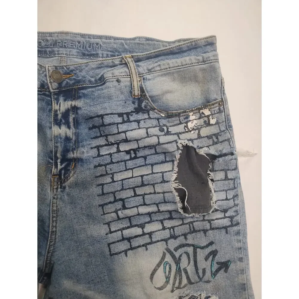 🔥 Rutherford • Distressed Graffiti Denim Slim Fit Blue Jeans Shorts • Men’s 38